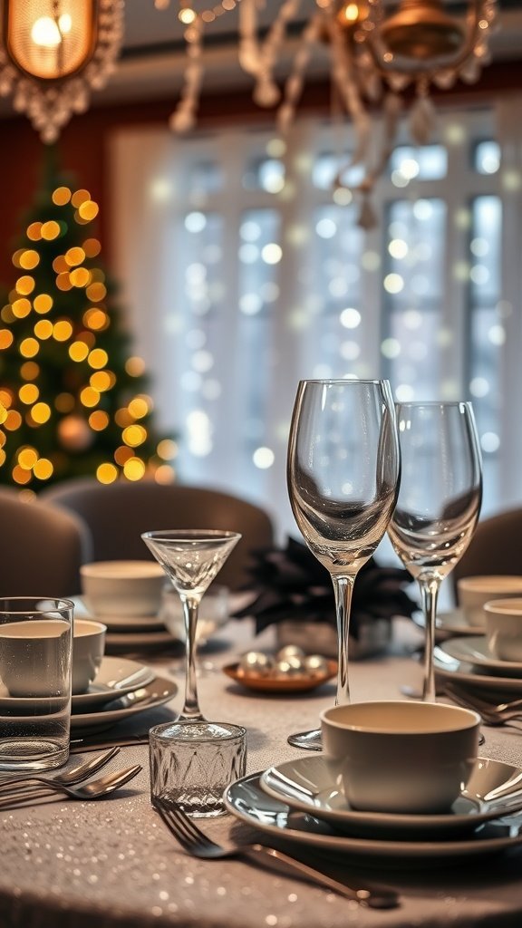 Uma mesa lindamente posta com talheres brilhantes, copos, pratos e uma atmosfera festiva.