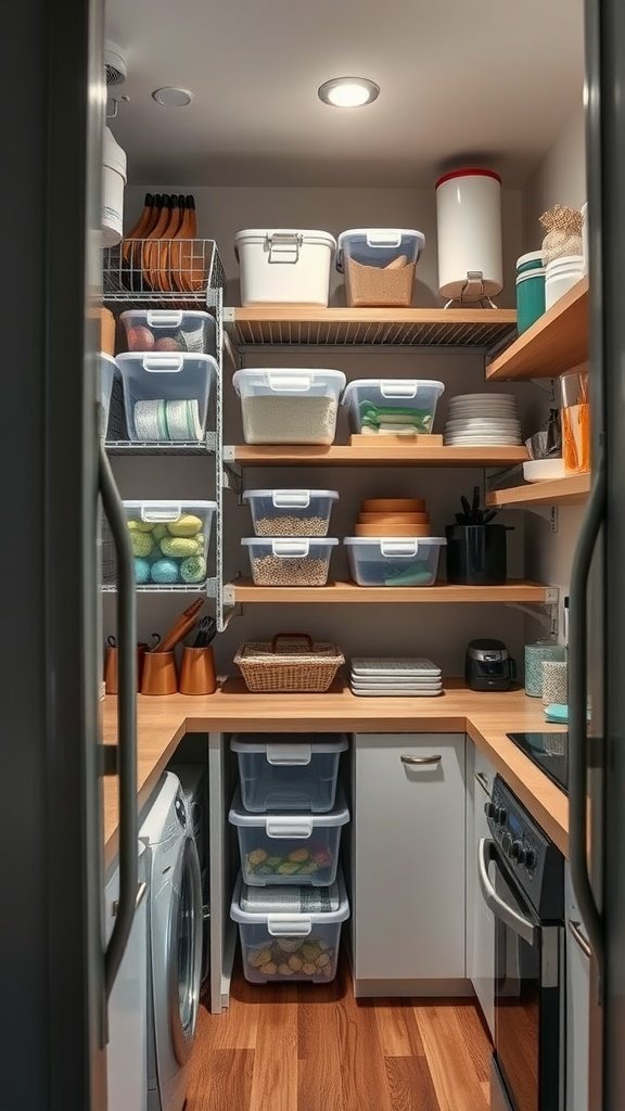 Uma pequena área de armazenamento de cozinha bem organizada com recipientes de armazenamento empilháveis.