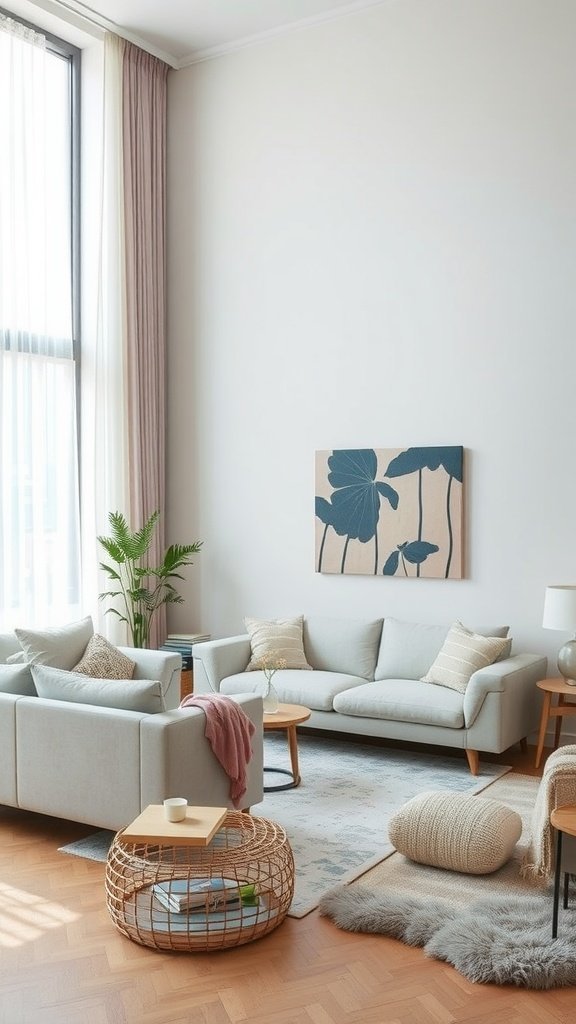 Sala de estar aconchegante com móveis de cores claras e luz natural.