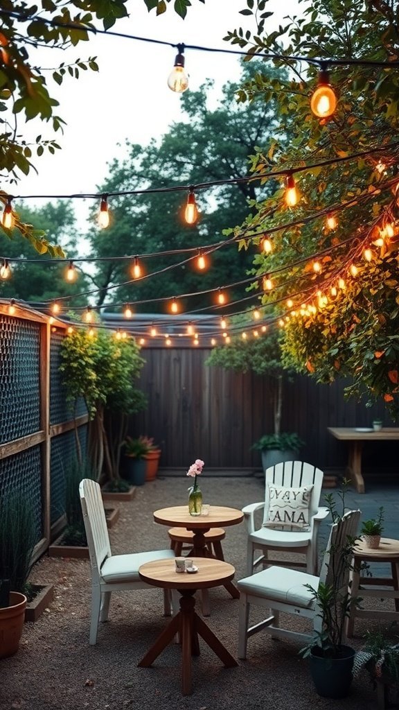 Área de estar aconchegante no jardim decorada com luzes de corda