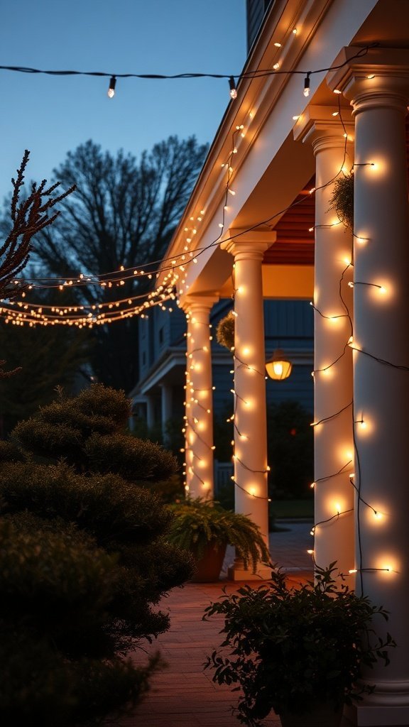 Des guirlandes lumineuses enroulées autour de colonnes blanches sur une terrasse le soir.