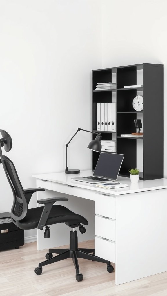 Um elegante escritório em casa em preto e branco com mesa, cadeira e prateleiras.