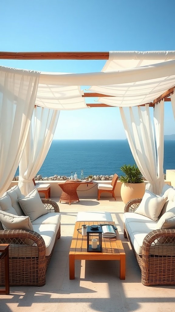 Uma área de estar ao ar livre iluminada pelo sol, com cortinas, assentos confortáveis ​​e vista para o mar.