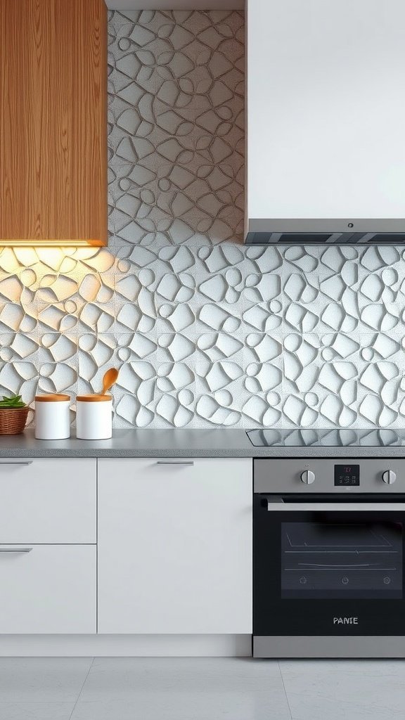 Uma cozinha moderna com um backsplash de azulejos 3D texturizados em tons claros, complementado por armários brancos e uma bancada elegante.