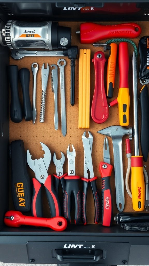 Une boîte à outils organisée avec divers outils soigneusement rangés.