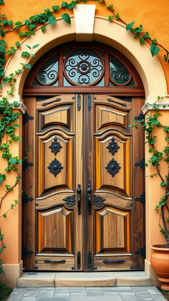 Uma porta tradicional mediterrânea com texturas de madeira e ferragens ornamentadas, cercada por vegetação.