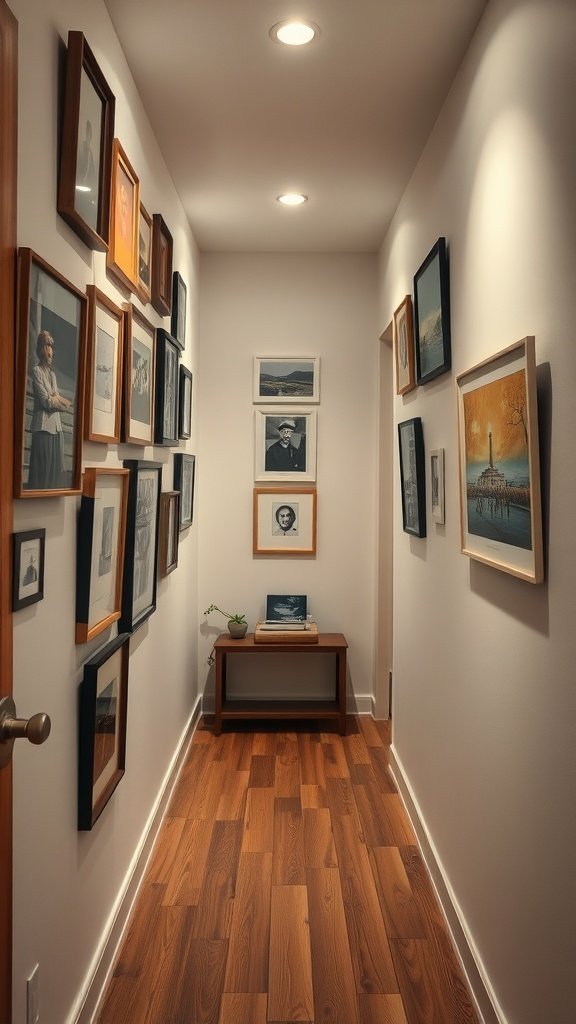 Un couloir étroit avec un mur de galerie avec diverses œuvres d'art et photographies encadrées.
