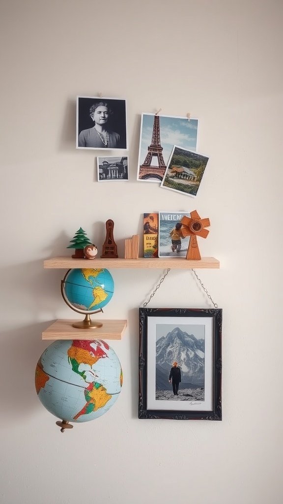 Une étagère à souvenirs de voyage comprenant des globes, des photos et des souvenirs représentant divers voyages.