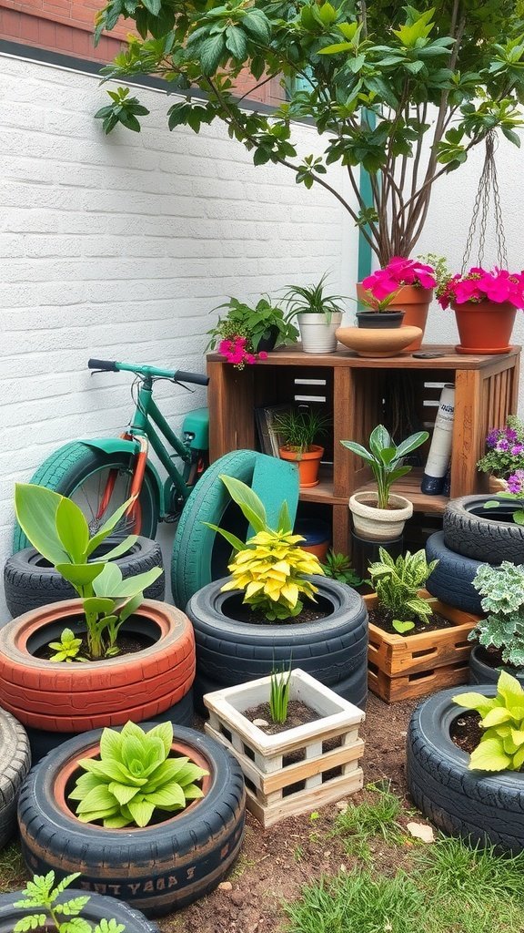 Decoração de jardim colorida e reciclada com vasos de pneus e caixas de madeira.