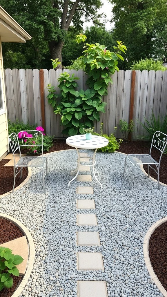 Uma área de pátio aconchegante com cascalho e pedras, cercada por plantas