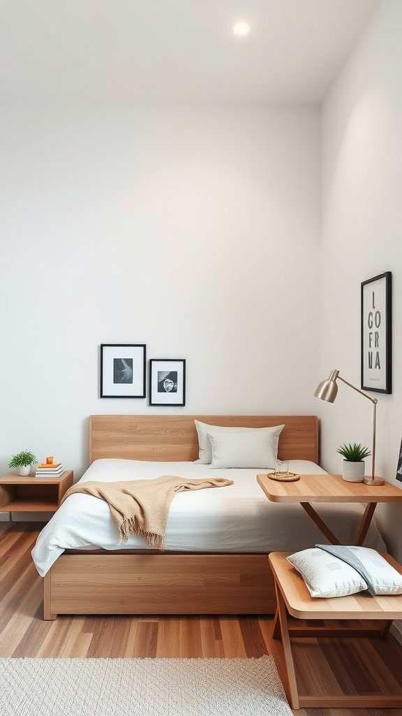 Um quarto minimalista com uma cama com compartimento de armazenamento, uma mesa pequena e quadros emoldurados na parede.