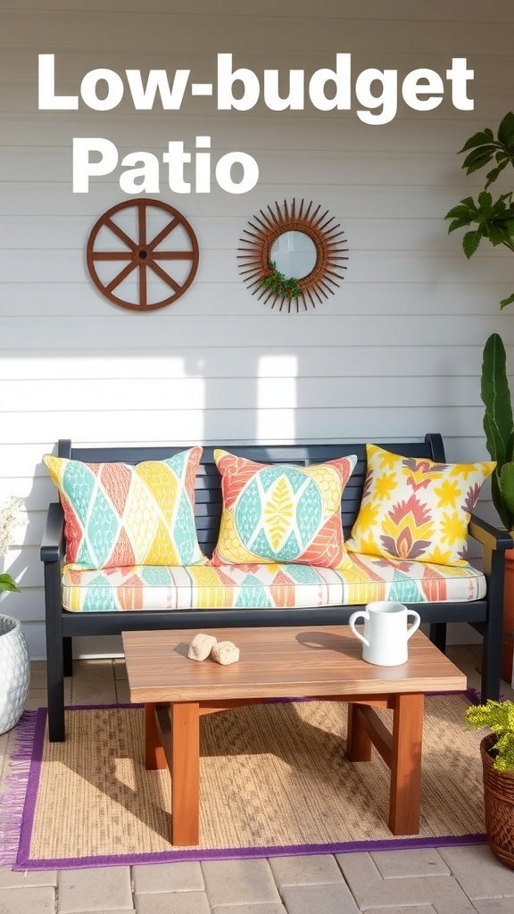 Decoração aconchegante de pátio com almofadas coloridas em um banco.