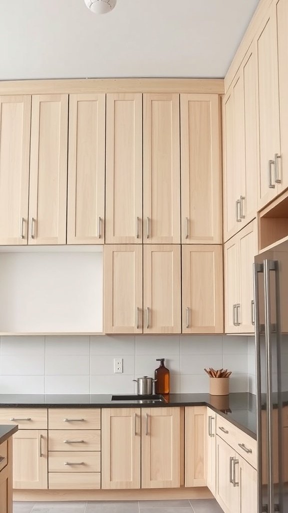 Uma cozinha moderna com armários altos e uma bancada preta.