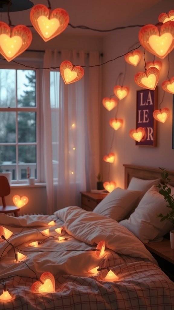 Luzes de corda em formato de coração em um quarto aconchegante.
