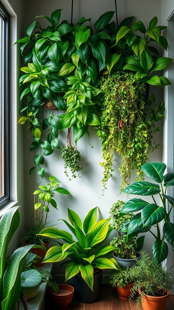 Um exuberante jardim vertical com diversas plantas verdes dispostas em uma parede.