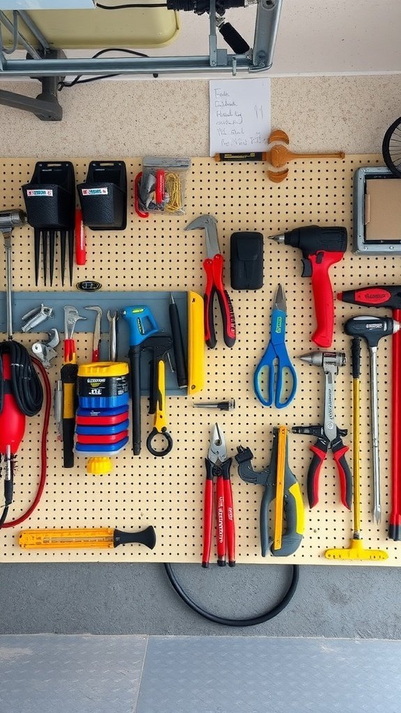 Un panneau perforé avec divers outils soigneusement organisés dans un garage.