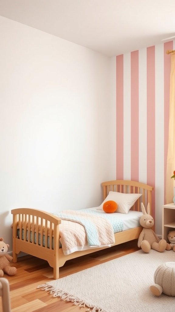 Um quarto com uma parede listrada vertical, cama de madeira e bichinhos de pelúcia fofos.