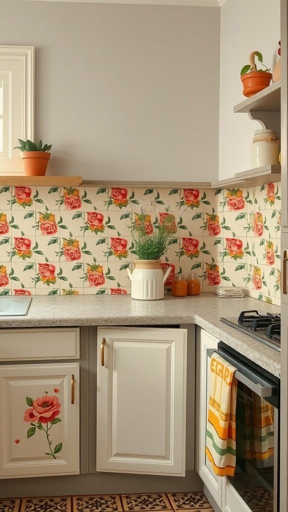 Uma cozinha aconchegante com um backsplash floral vintage com rosas, armários brancos e plantas em vasos.