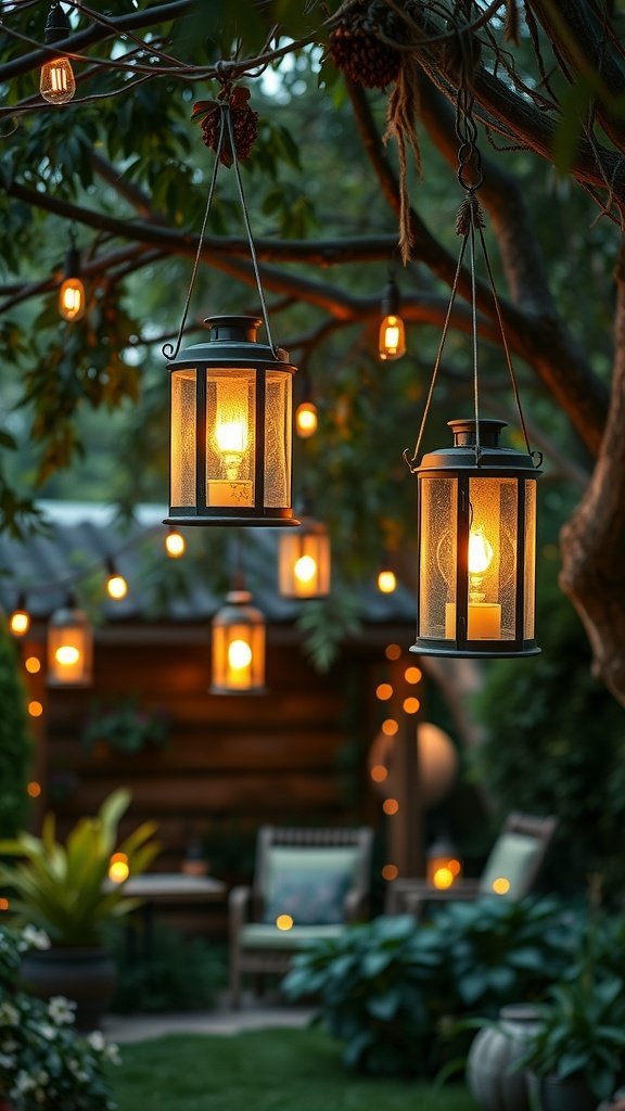 Lanternas vintage penduradas em galhos com um brilho suave em um jardim.