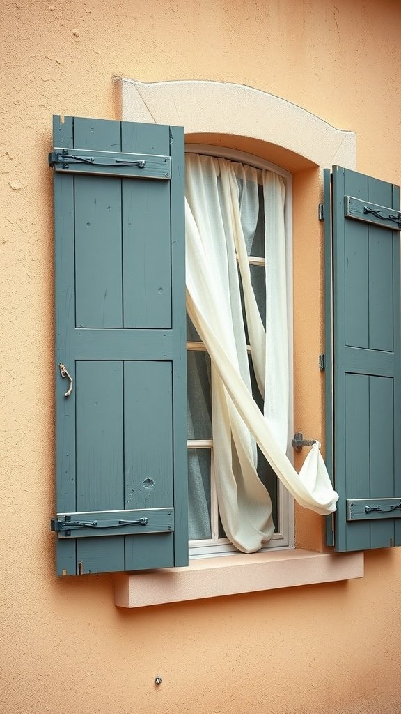 Uma janela com persianas de madeira vintage e cortinas brancas esvoaçantes contra uma parede cor de pêssego.