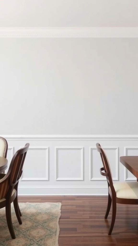 Um espaço interior simples e elegante com lambris e móveis de madeira.