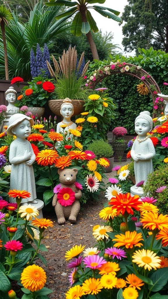 Jardim colorido repleto de flores e estátuas excêntricas, incluindo um urso e figuras humanas.