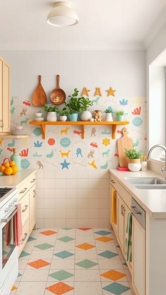 Uma cozinha iluminada com um backsplash de cerâmica com padrões excêntricos, apresentando desenhos coloridos de animais e plantas, complementados por um piso com padrão de diamante.