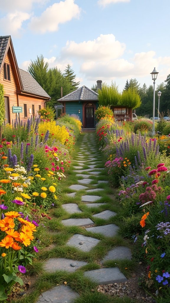 Um caminho de pedra ladeado por flores silvestres vibrantes leva a uma casa aconchegante.