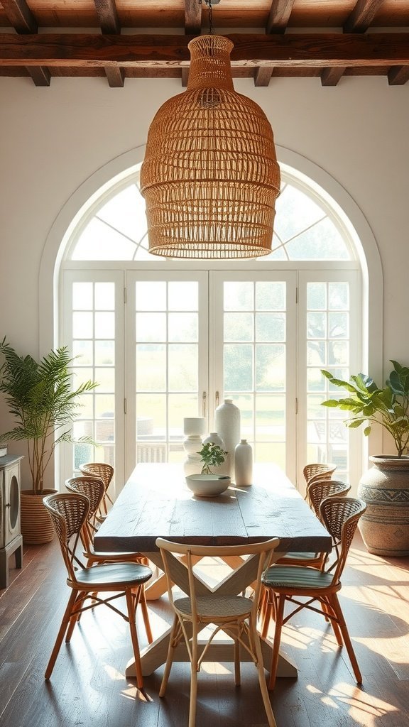 Uma sala de jantar com um grande pendente de vime pendurado acima de uma mesa de madeira cercada por cadeiras e plantas.