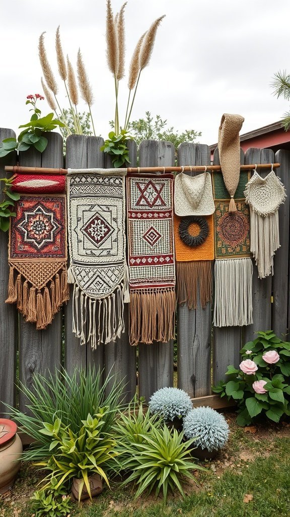 Uma coleção de tapeçarias de parede expostas em uma cerca de madeira cercada por plantas.