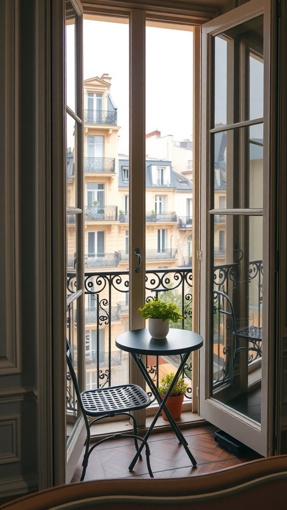 Vista de uma sacada parisiense com grades de ferro forjado e uma pequena mesa com plantas.