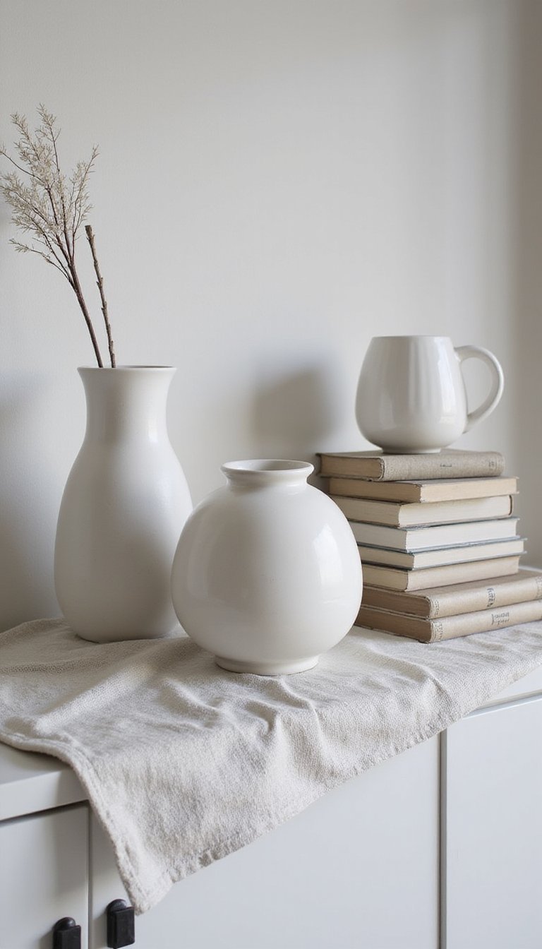 Aparador Monocromático Con Cerámicas Esculpidas En Escena