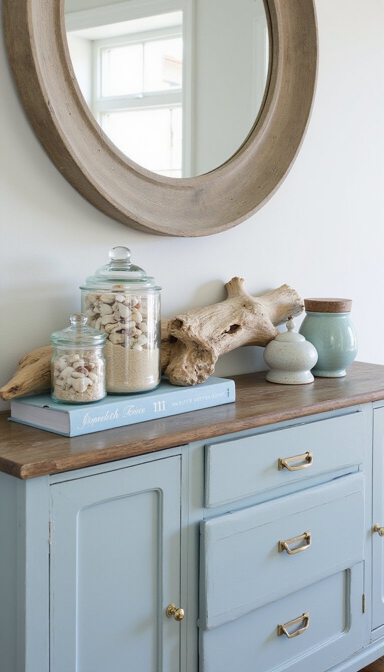 Rincón Costero En Aparador Con Conchas Y Cristales