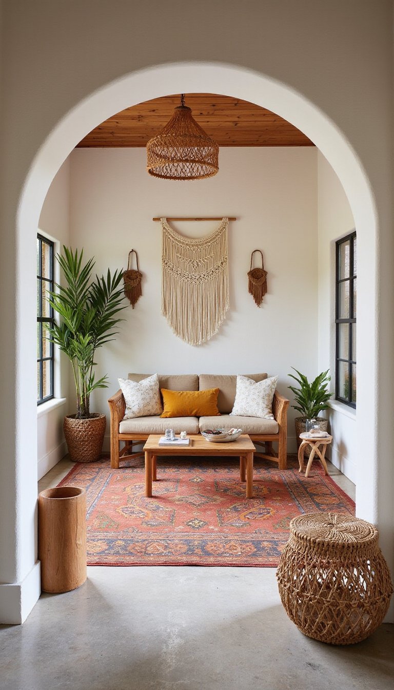 Arco Boho Con Textiles Y Rattan En Entrada