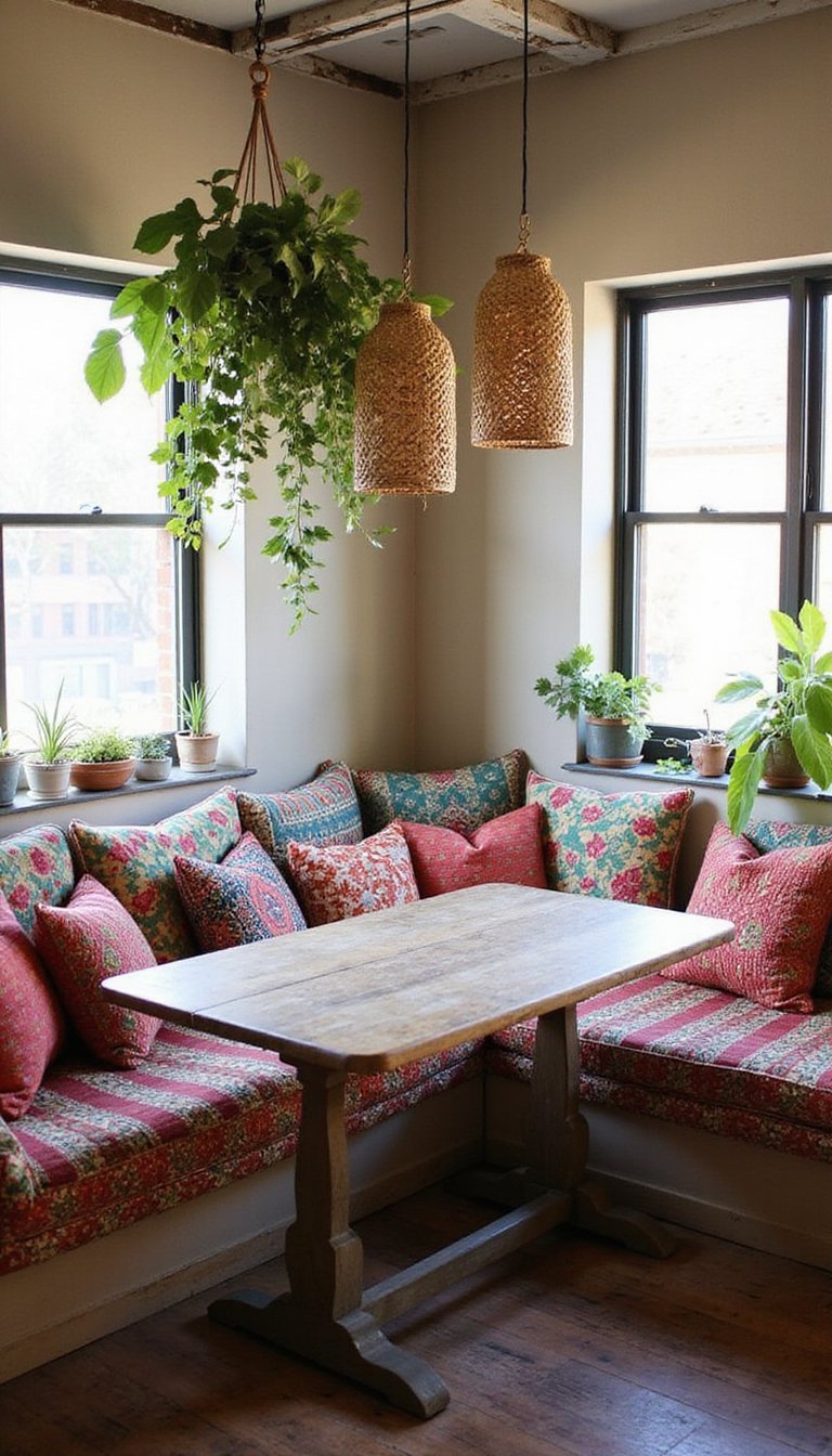 Comedor Bohemio Con Banco Tapizado Y Textiles