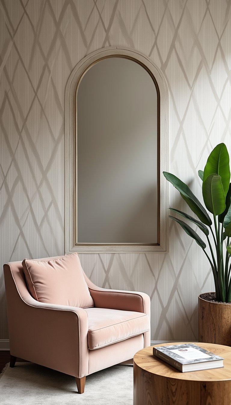 Espejo Arqueado Integrado En Muro De Papel Pintado