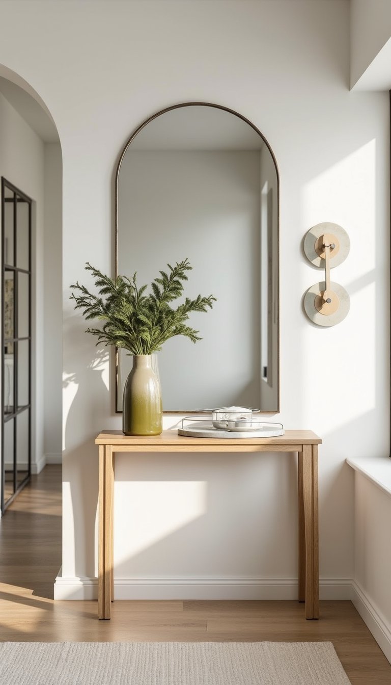 Espejo Arqueado Sobre Consola En Recibidor Luminoso