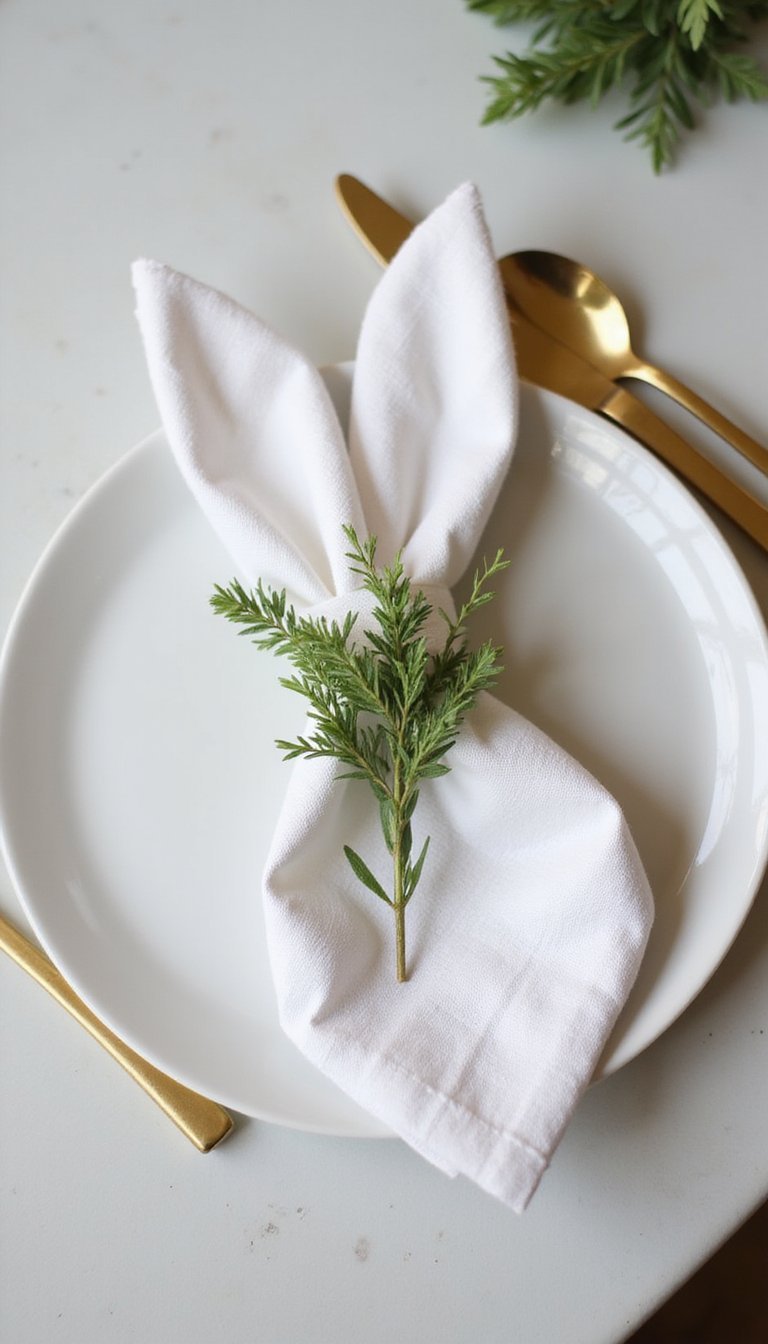 Bunny Ear Napkin Fold With Gold Cutlery Accent