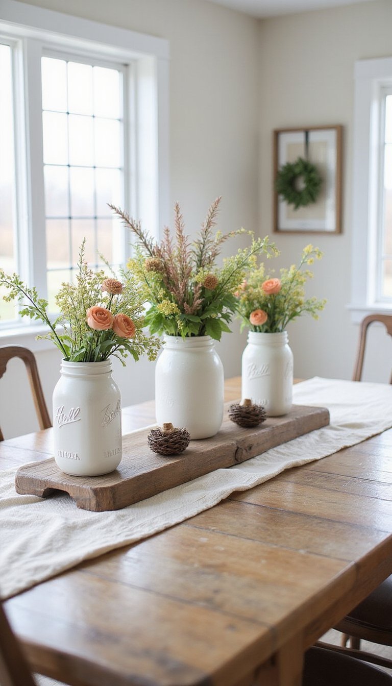 Farmhouse Nest Centerpiece With White Mason Jars