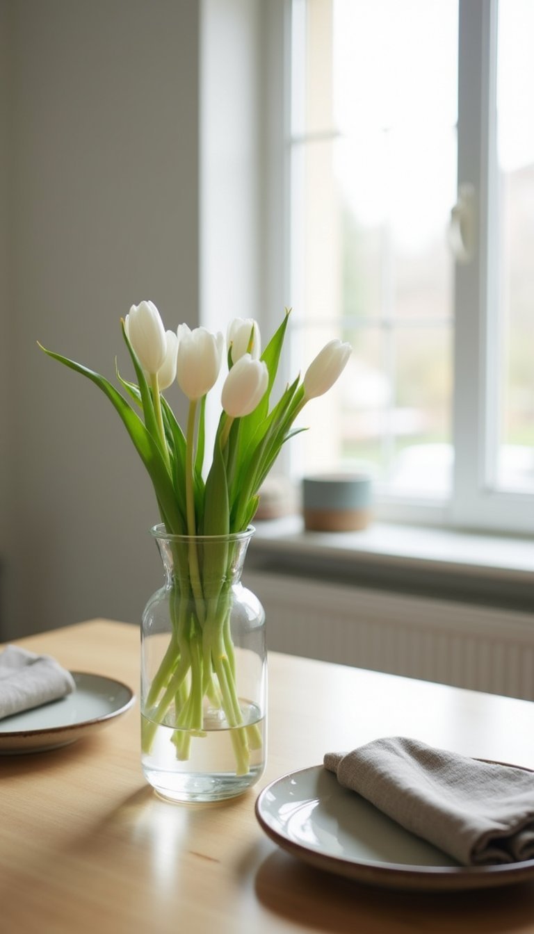Minimal White Tulip Arrangement With Linen Napkins