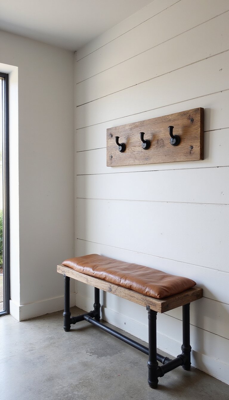 Industrial Pipe Bench And Matte Black Hooks