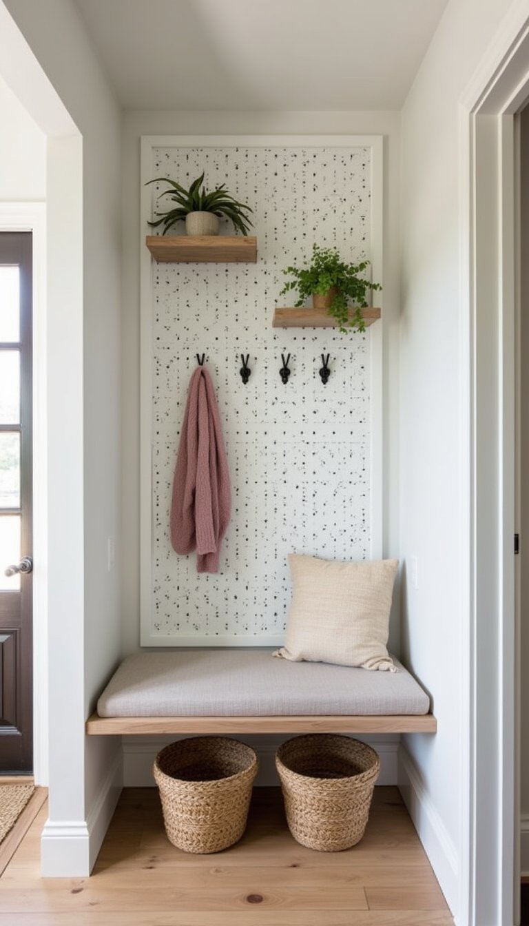 Bench With Pegboard Back For Hooks And Shelves