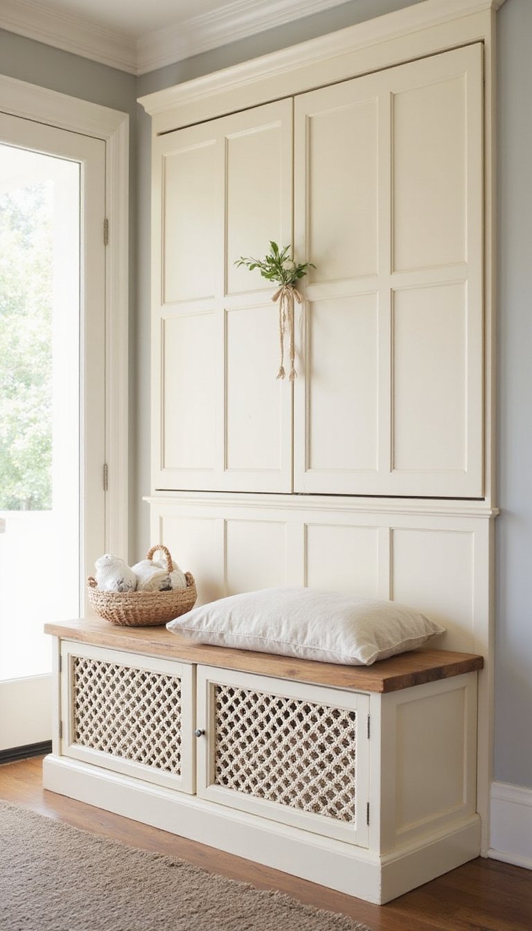 Bench With Sliding Lattice Doors For Hidden Storage