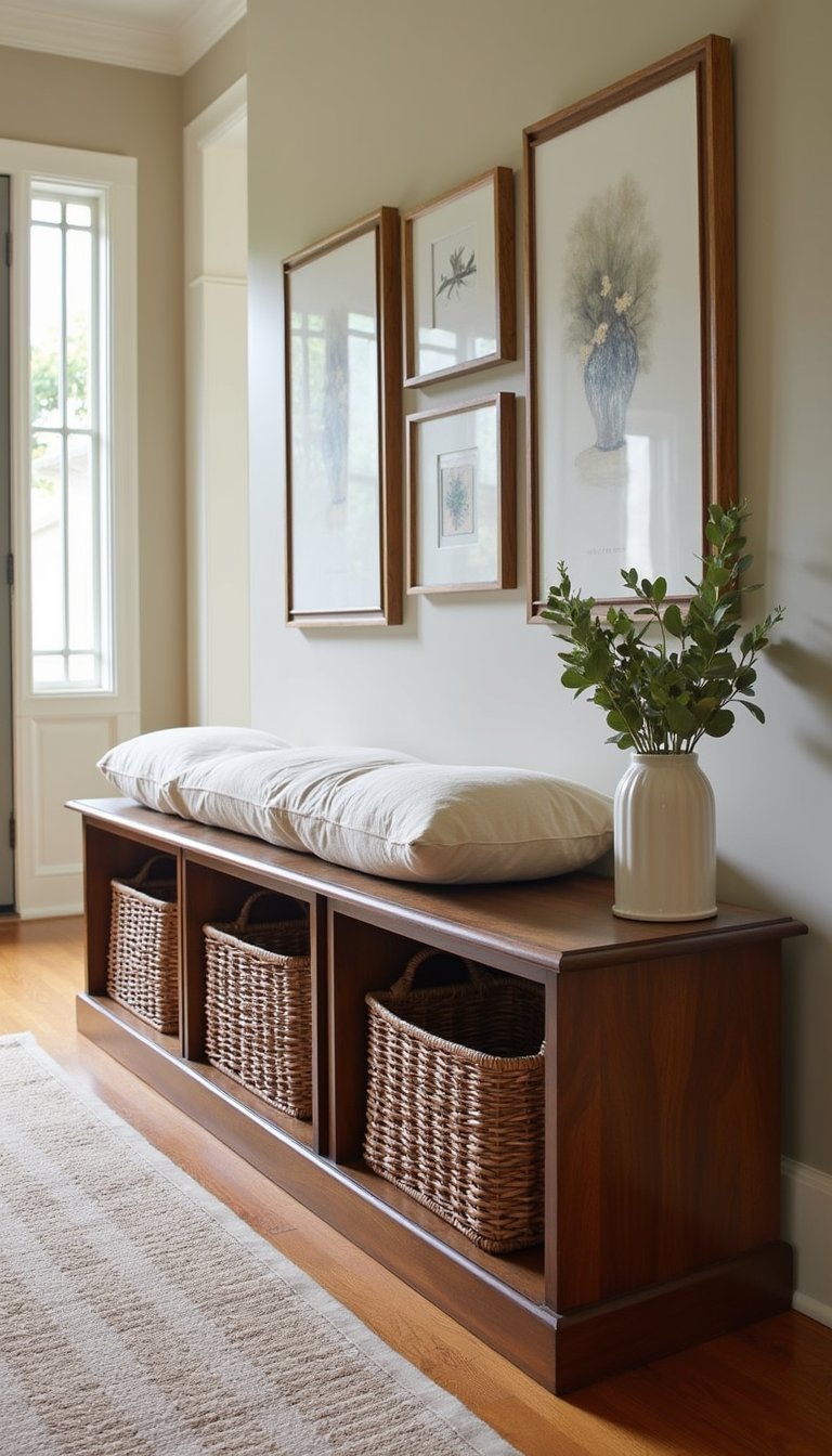 Bench With Wicker Baskets And Warm Walnut Finish