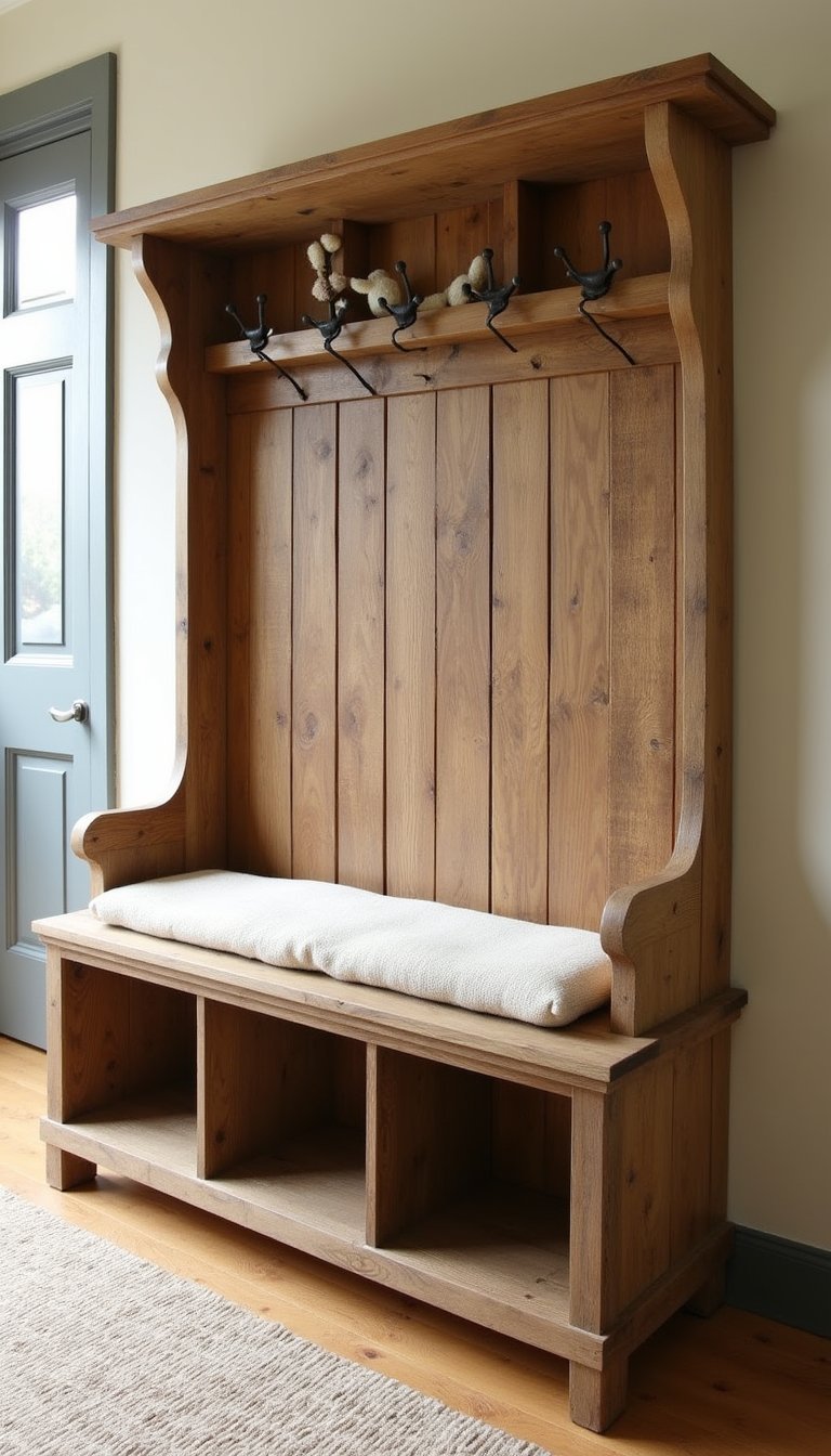 Rustic Reclaimed Wood Bench With Hooks Above