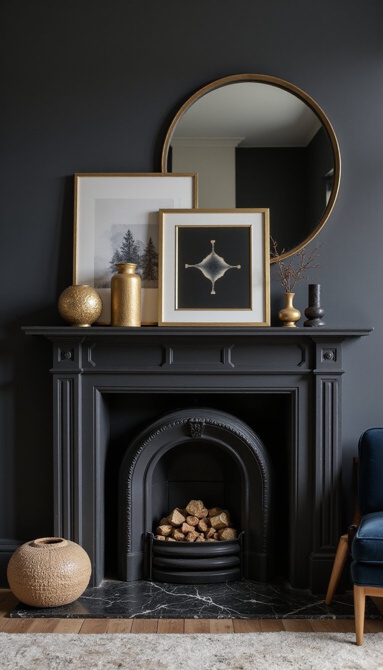 Dramatic Black And Gold Bold Mantel Statement