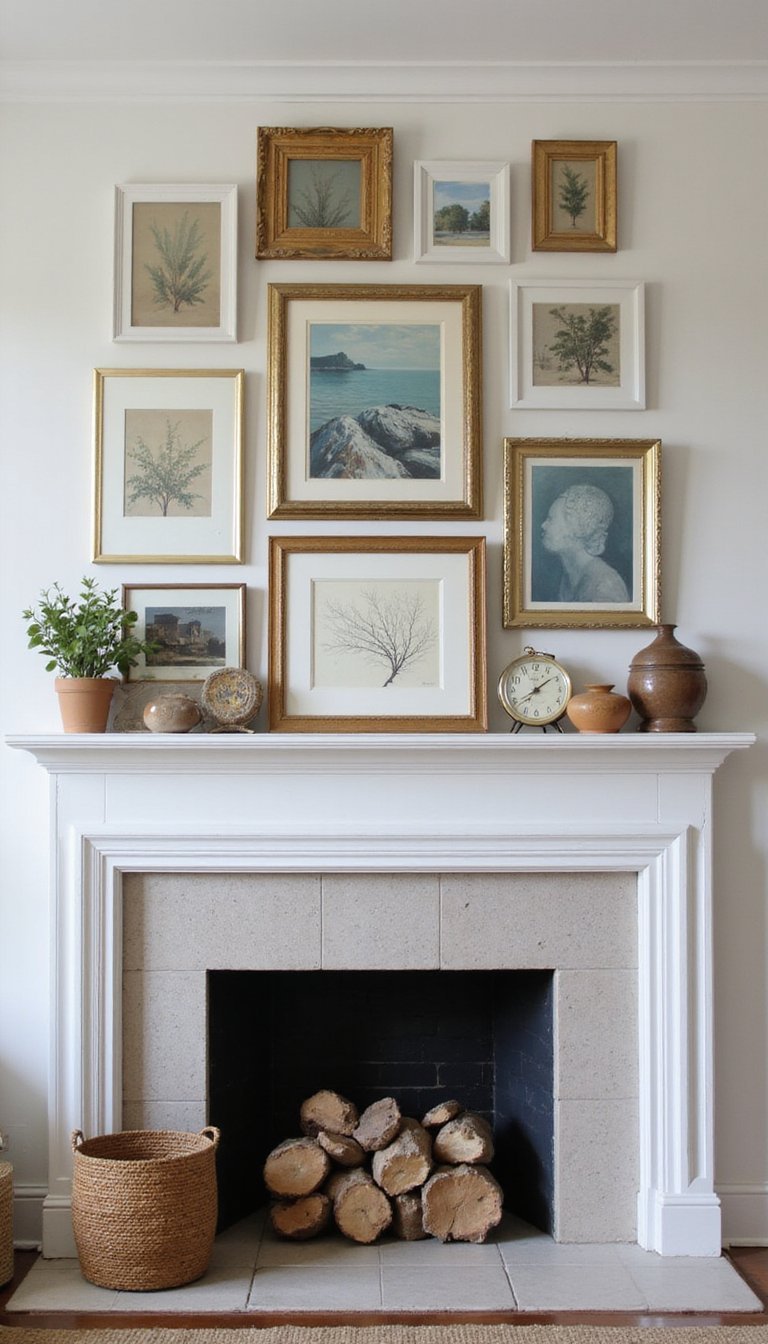 Eclectic Gallery Wall Anchored By Mantel
