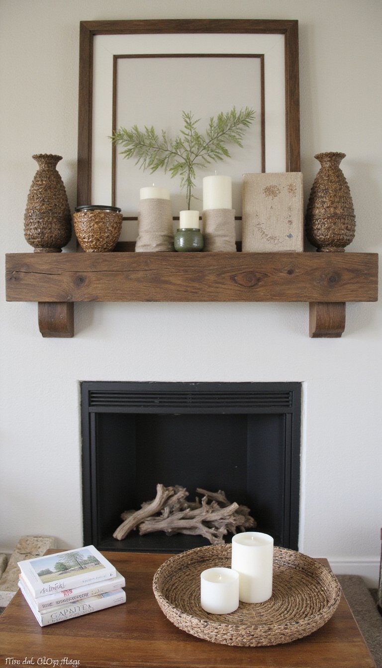 Rustic Wood Mantel With Woven Basket Accents