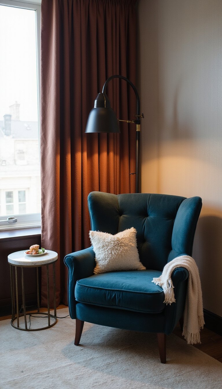 Rincón De Lectura Con Sillón de Terciopelo y Lámpara