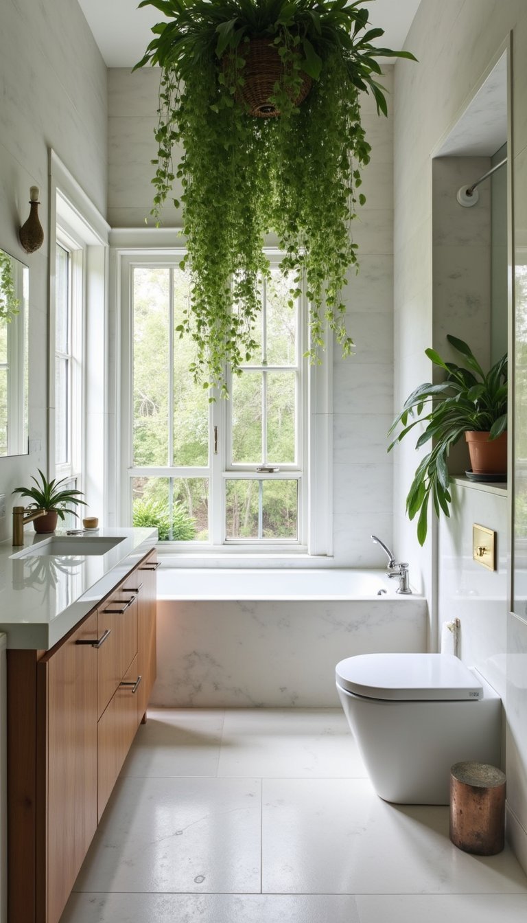 Banheiro Contemporâneo com Plantas Suspensas no Teto
